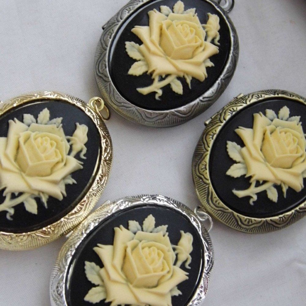 English Tea ROSE Cameo Locket Necklace Victorian